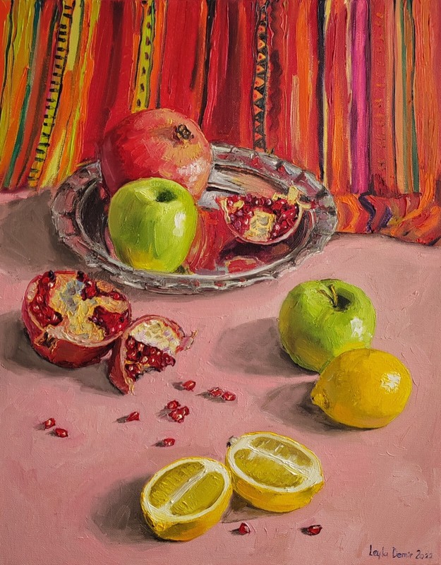 Pomegranate apple and lemon fruit still life original oil painting