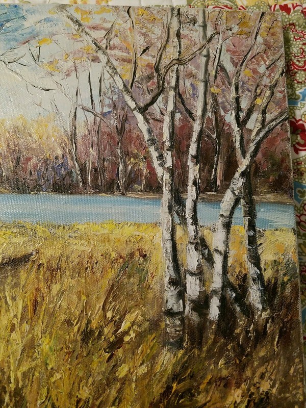 Painting Autumn Fall Birch Trees OiL Canvas Board signed Fern Bone 80' 16 X 12 gallery