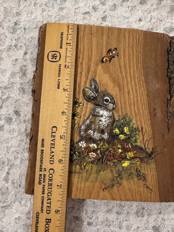 Vintage Signed M. Fladdarjohann Rabbit Painting on Live Edge Wood Slab Bark 7.5” gallery