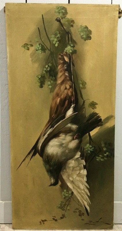 86 x 40 cm Signed Antique Oil Painting On Canvas, Trophy Hunt Theme