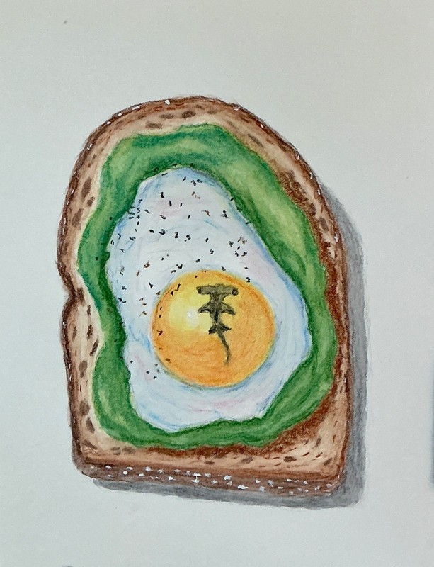 Original Watercolor Painting Egg & Avocado Toast w/ Hammerhead Shark by Addison