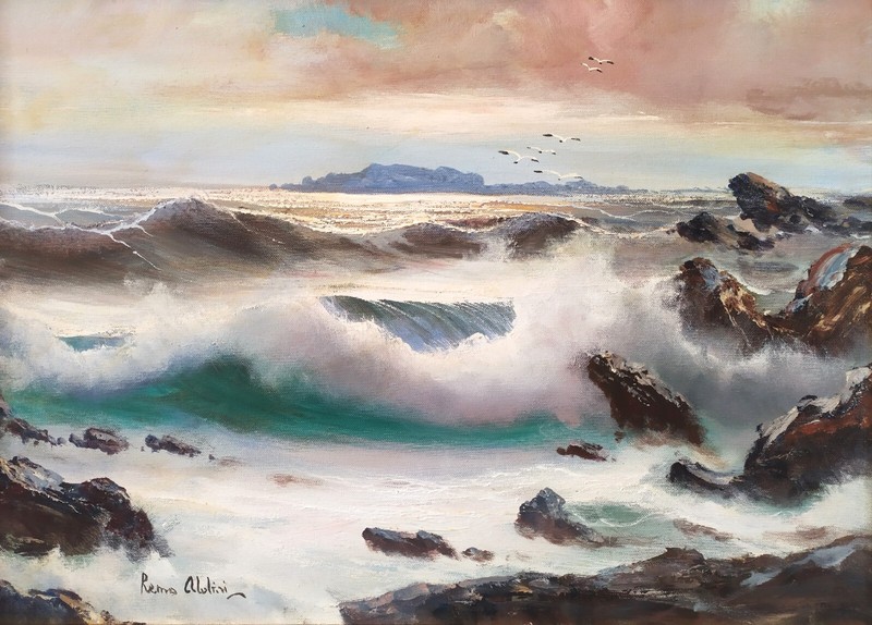 Original Realistic Sea-Seascape at Sunset-Waves on the Rocks Oil Painting signed