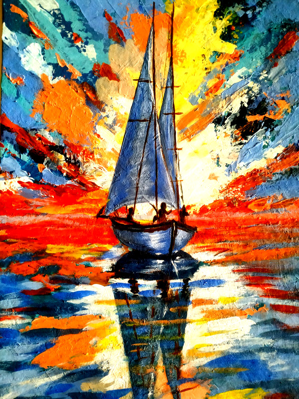 Original painting Sailing boat at sea at sunset. Bright colorful sky. Handmade,