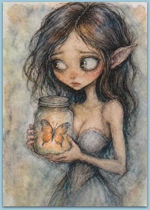 ACEO watercolor painting – butterfly jar sexy girl woman surreal