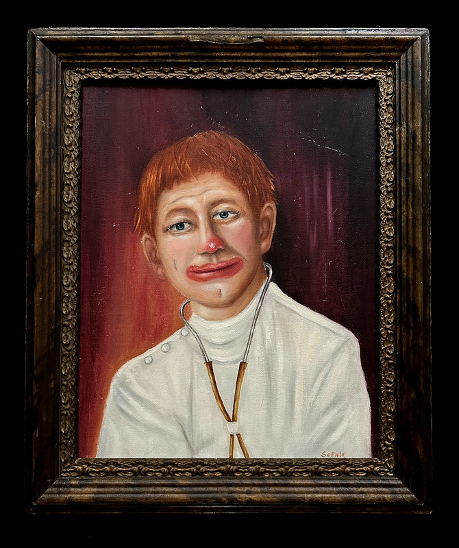 Original & Unusual Vintage CLOWN DOCTOR Oil Painting signed «Sophie» Kitsch