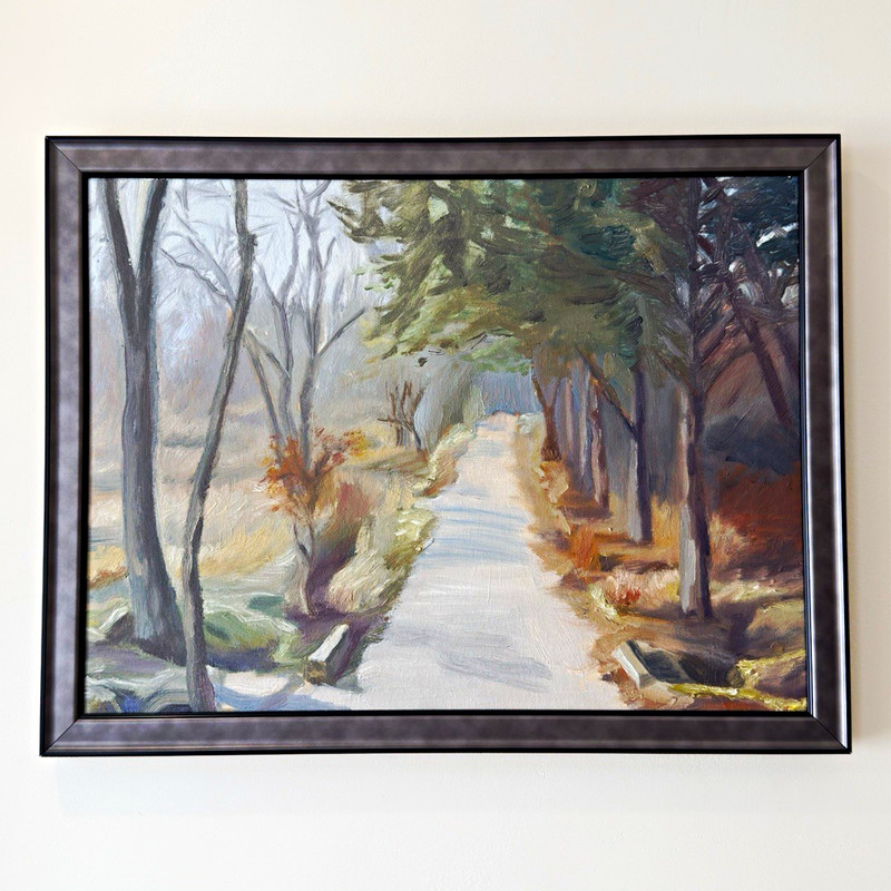 Framed Impressionist Landscape Painting Winter Forest Trees Path Scene