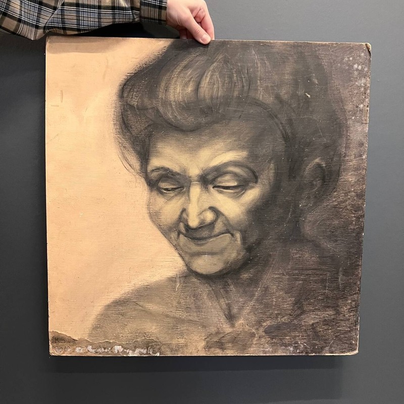 1985 Large Painting Portrait Pencil Graphite Fiberboard Drawing Marked