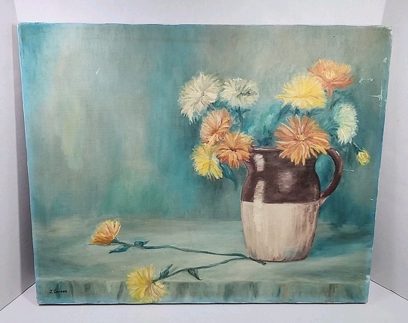 J Carson Artist Signed Still Life Floral Ceramic Jug Canvas Oil Painting 20×16