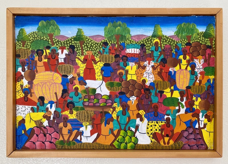 1950s Mid Century M Similien Framed Oil Painting Haitian Women Farmers Market gallery