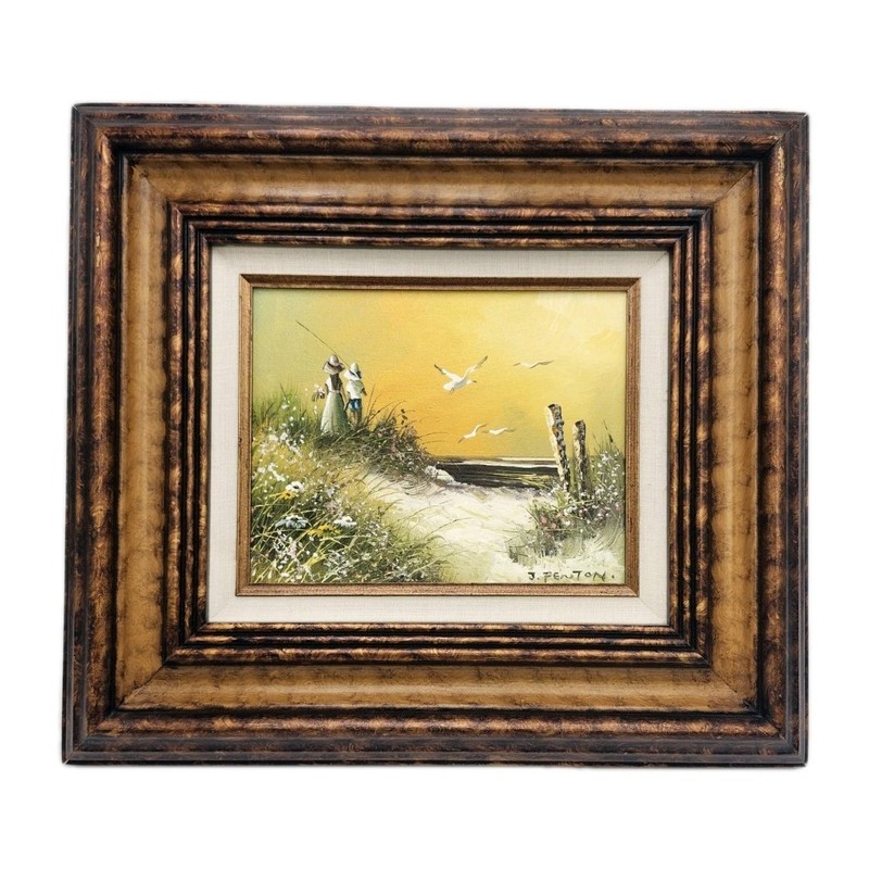 J Fenton Framed Oil Painting Children Flowers & Seagulls on Beach Signed