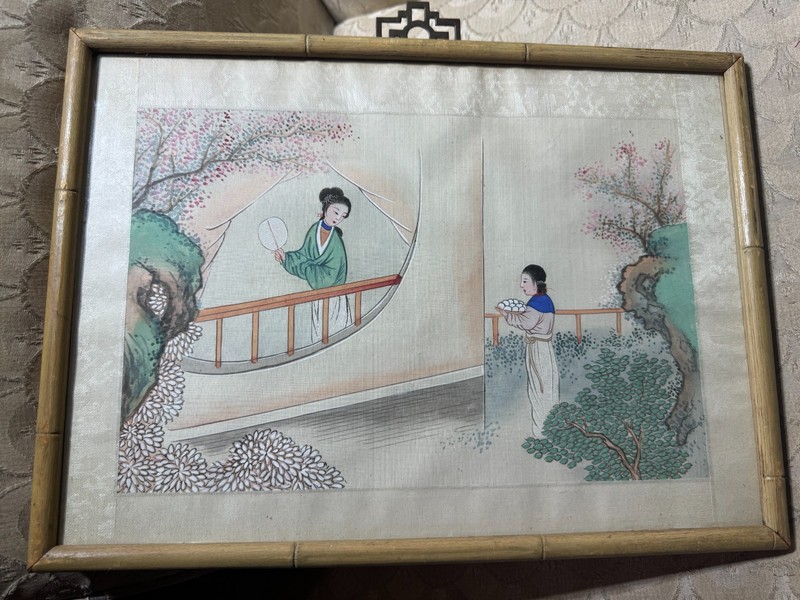 Vintage «Two Asian Females Outdoors Scene» Painting On Silk – Framed