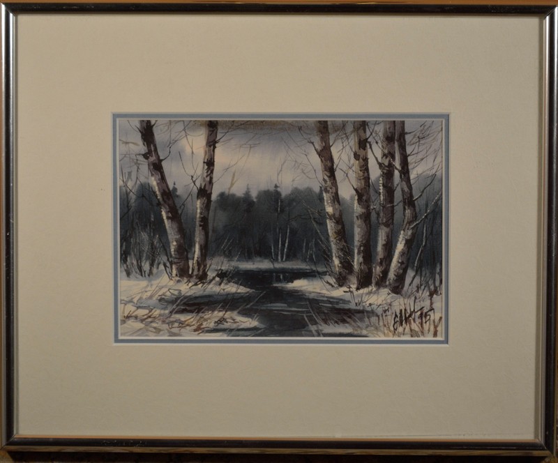 Original Watercolor Snowy Woods with Stream, Framed & Monogramed!