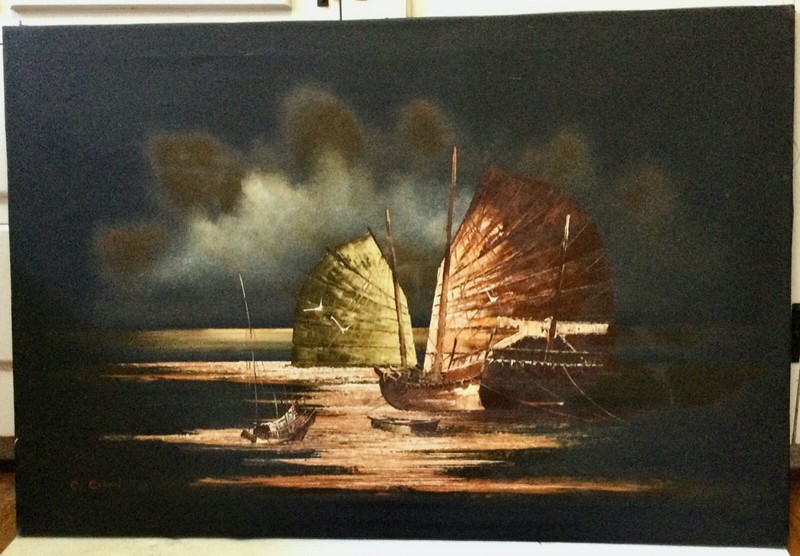 C. Chan – Vintage Original Large Painting Chinese Junk Sailboats – Estate
