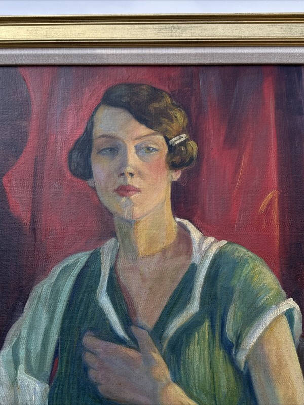 CHESTER SCHROCK PAINTING ANTIQUE ART DECO PORTRAIT PRETTY WOMAN COLORADO 1924 gallery