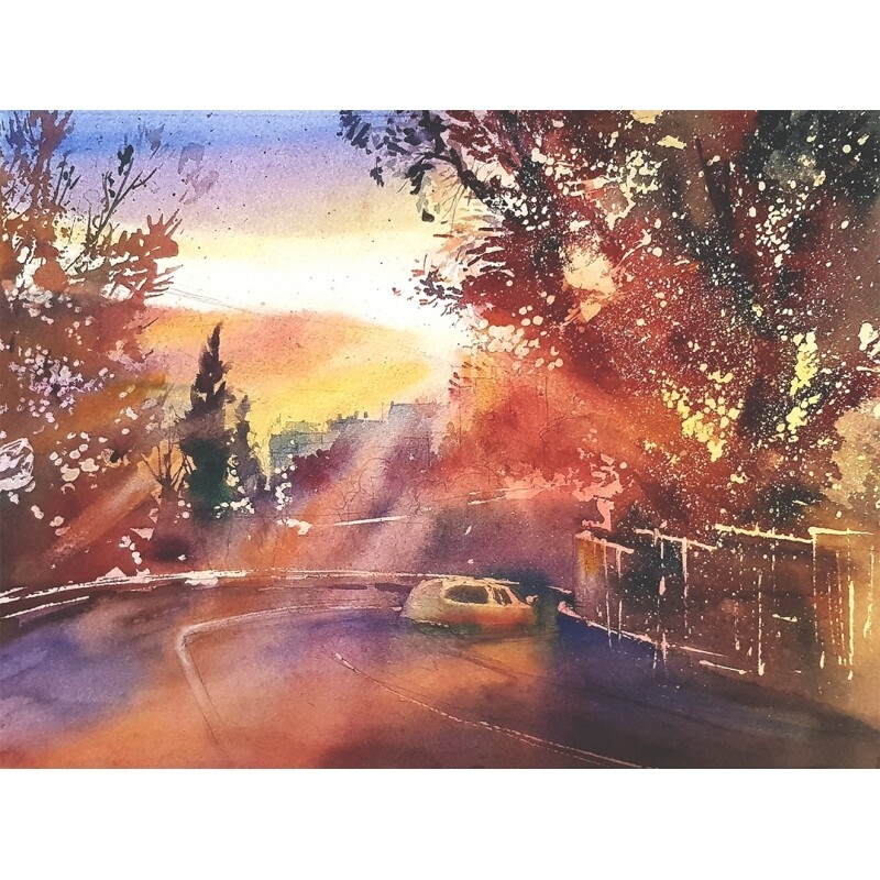 ORIGINAL Painting Impressionism Landscape Sunset 11″x14.9 Piter Ilitzky