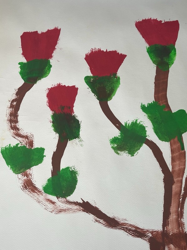 Authentic Thai Elephant Orachai Acrylic Painting Red Tulips 2006 Signed 30x22” gallery