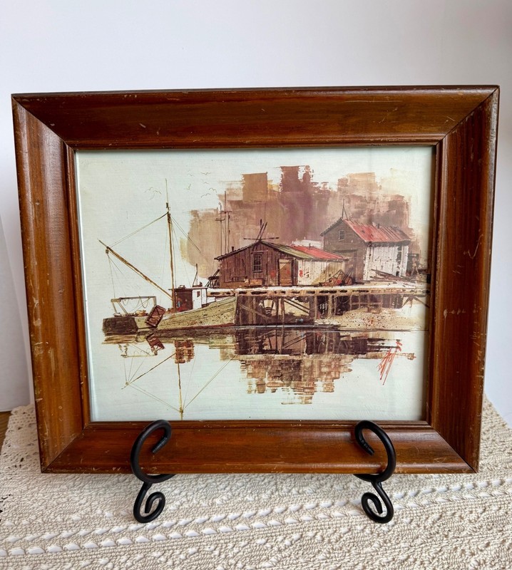 Vintage Framed Harbor Seascape Print Solid Wood Frame Coastal Wall Art