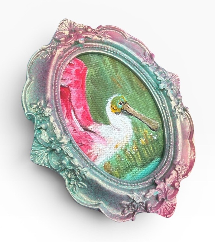 Spoonbill Marsh Landscape mini watercolor bird print • vintage ornate frame gallery