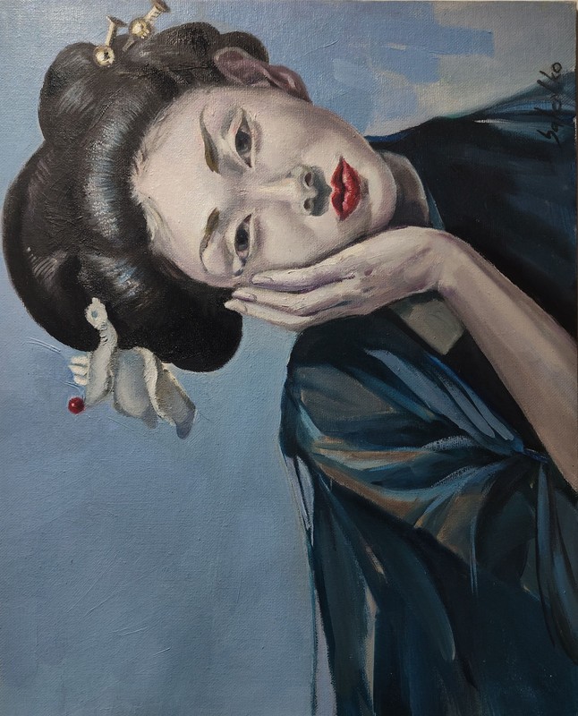 Original oil painting, Old fasion Japanese WOMAN portrait, Art, Figurative, Blue