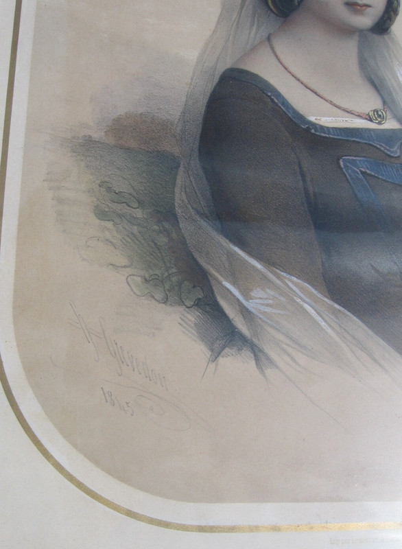 1845 Hand Colored- Signed French Heloise Mezzotint- 30" by N. Gievedon/ Delarue gallery