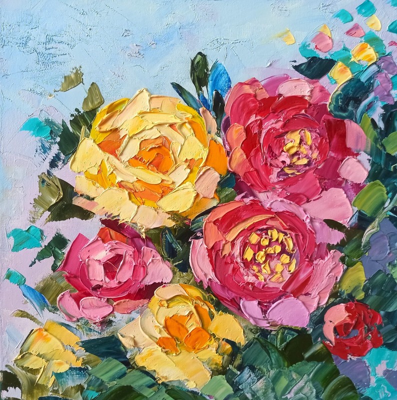 Flower Original Oil Painting Pink Peonies on Canvas 30x30cm Impasto Small Art