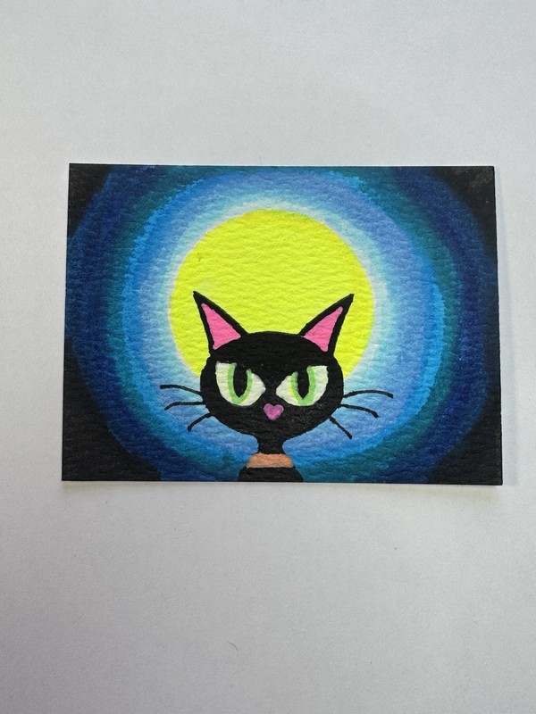 ACEO Acrylic And Watercolor Painting Art Card Contemporary Cat With A Full Moon