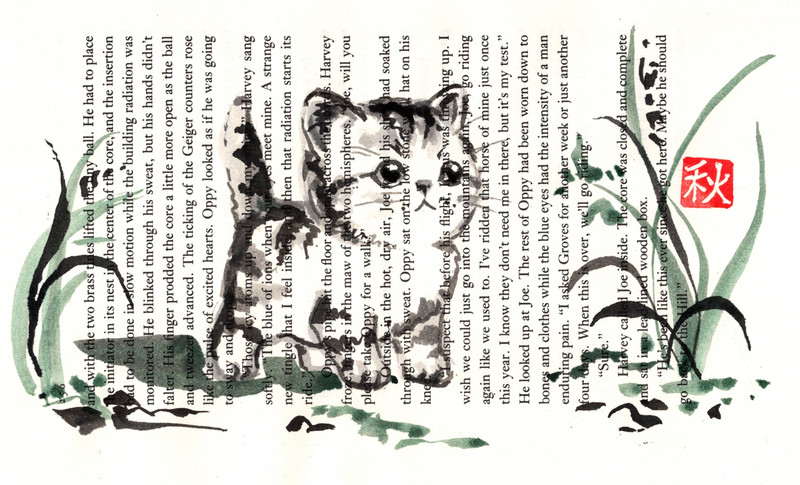 Original sumi e painting on paper, KITTEN IN GARDEN, oriental, ink, animal
