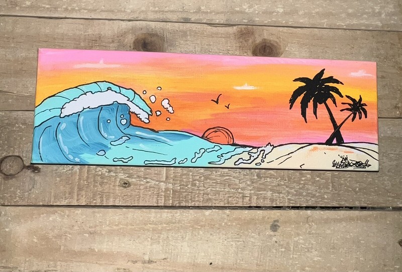 12 X 4 In. Canvas Shortiez Ink Art Painting Gallery Decor Island Vacation Palm