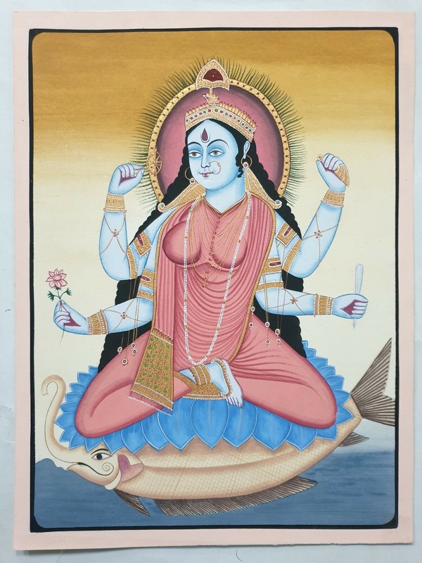 India Painting GODDESS GANGA SITTING ON CROCODILE 12in x 16in (8071)