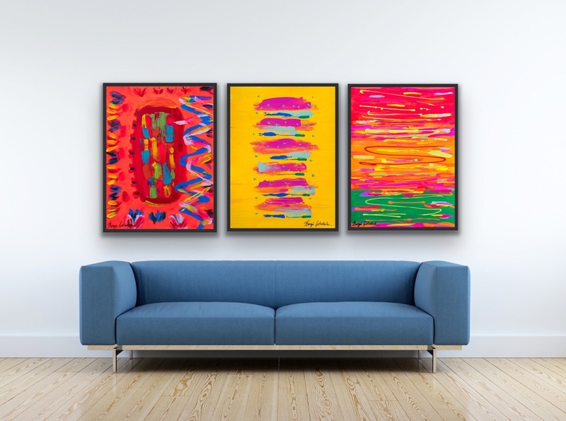 Trio set: La danze de sol – Sun Dance. Colorful abstract Mexican art.