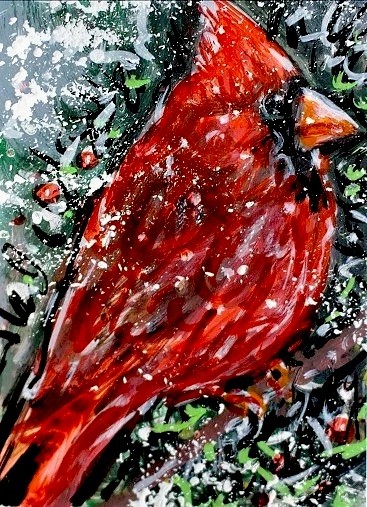 ORIGINAL Male Cardinal Bird ACEO PAINTING Winter Red BIRD Snow Animal Nature ART