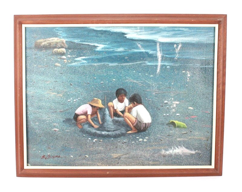 Vintage Children Playing On The Beach Oil Painting On Canvas Signed Illegible