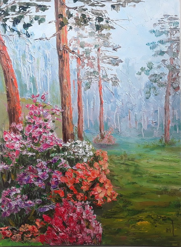 Original Oil Painting Forest Landscape Rhododendron Artwork Foggy Morning Art
