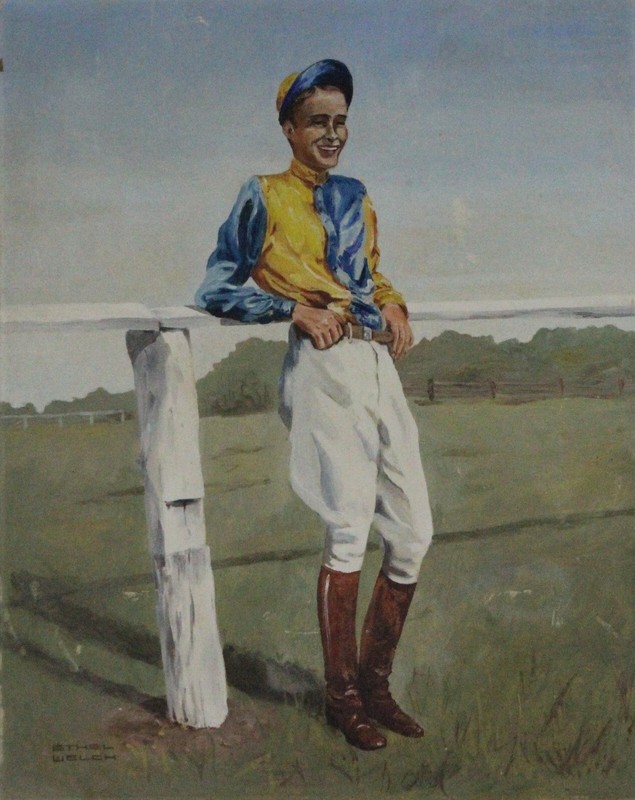 «Jockey In Yellow & Blue Silks Oil on Board» by Ethel Welch (American)