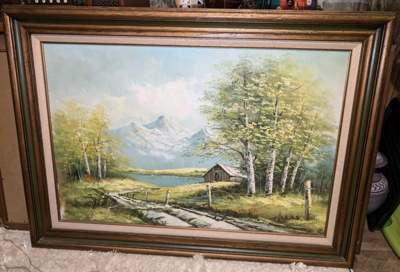 Hand Painted 32 X 42 Countr Side With Mountain Painting Signed P Blythe