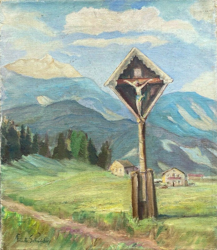 ::OIL PAINTING SIGN. FRIDRICH SCHNEIDER MARTERL IN FRONT OF MOUNTAIN PANORAMA PRAYER CROSS