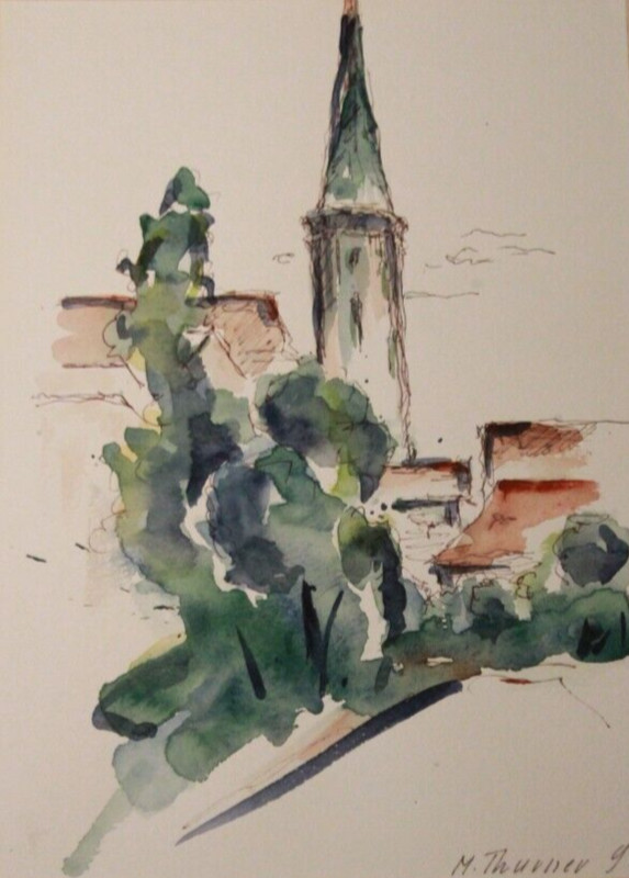 Original watercolor motif «Church» signed Maria Thurner with mat 1996