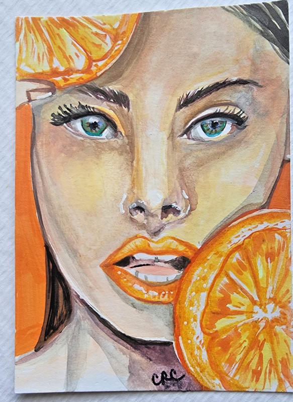 ACEO Original watercolor woman holding an orange miniature art card by CRC