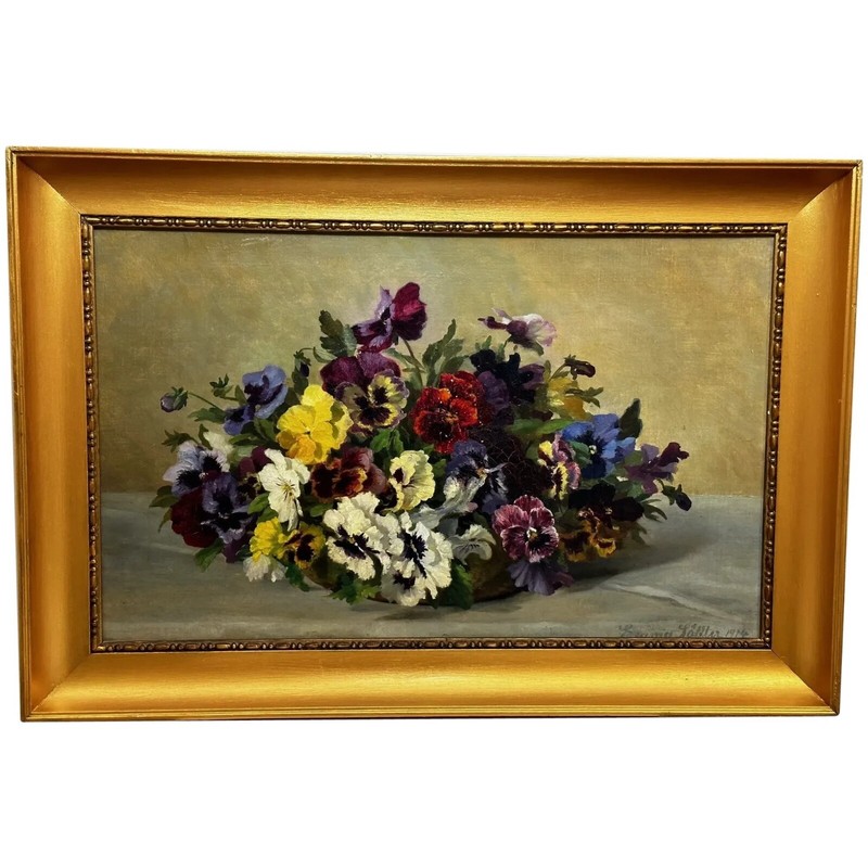 Danish Oil Painting Still Life «Pansies» Flowers Signed Emma Løffler 1843 – 1929