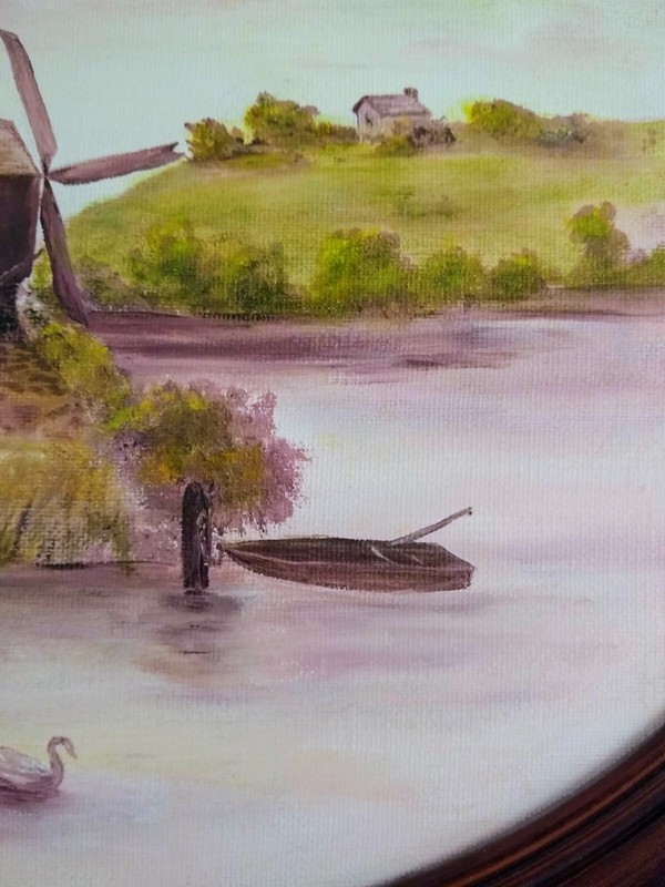 M Miller Signed Acrylic Painting Windmill Country Lake Scene 17"x 14" Oval Frame gallery