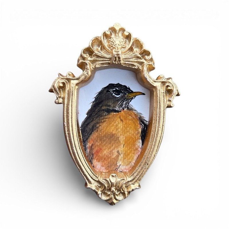 TEENY MINI • American Robin watercolor bird print in TINY ornate frame