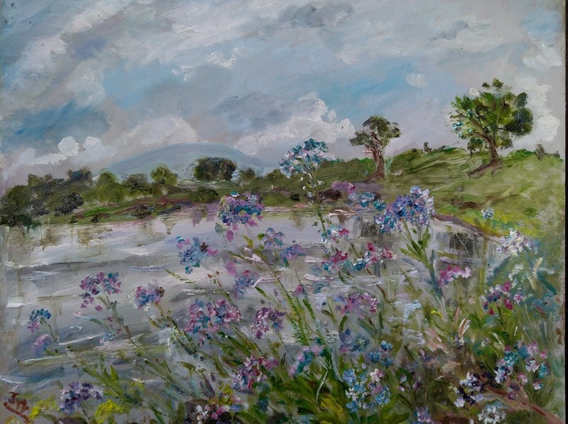 Forget-me-nots, River Ure, Wensleydale, Oil painting Yorks.Dales.Impressionism