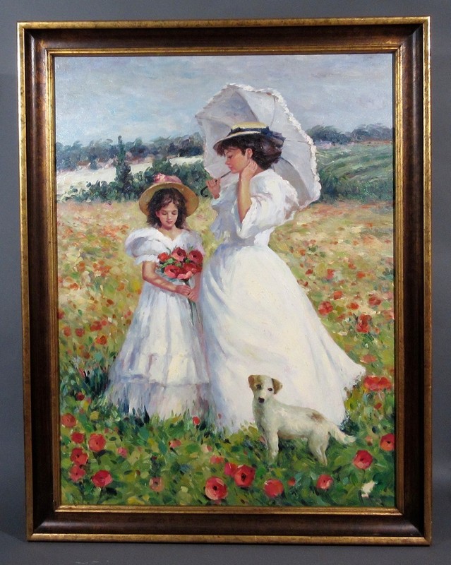 Oil Painting 40″ x 30″, Mother & Daughter, Dog, Poppy Field, Impressionist Style