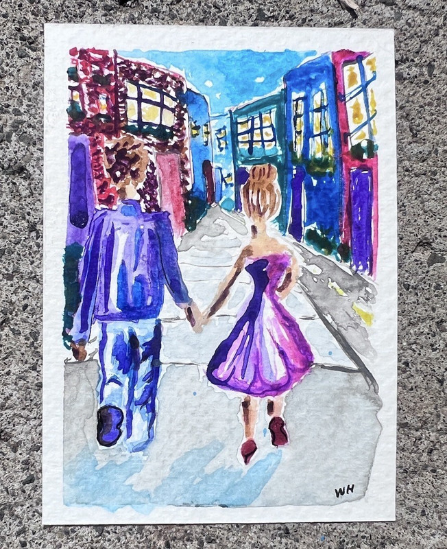 ACEO Original Abstract Street Couple Holding Hands in Love Signed 2.5×3.5