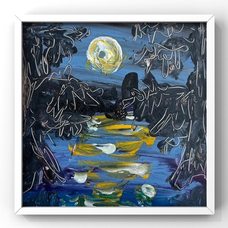 Louisiana Swamp Painting Cypress Trees Framed Art Abstract Moon Night Lake Art
