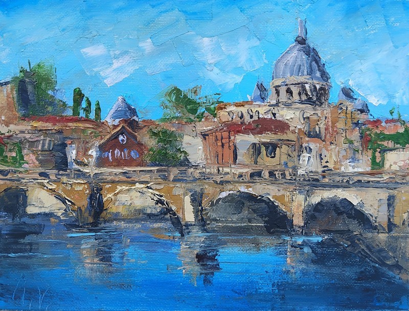 Rome Italy St. Angelo Bridge Reflections Vibrant Italian Oil Painting Cityscape