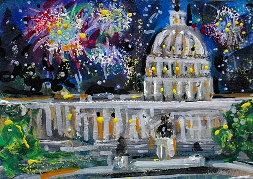 ACEO Original PAINTING Washington DC FIREWORKS Night Building Landscape ATC ART