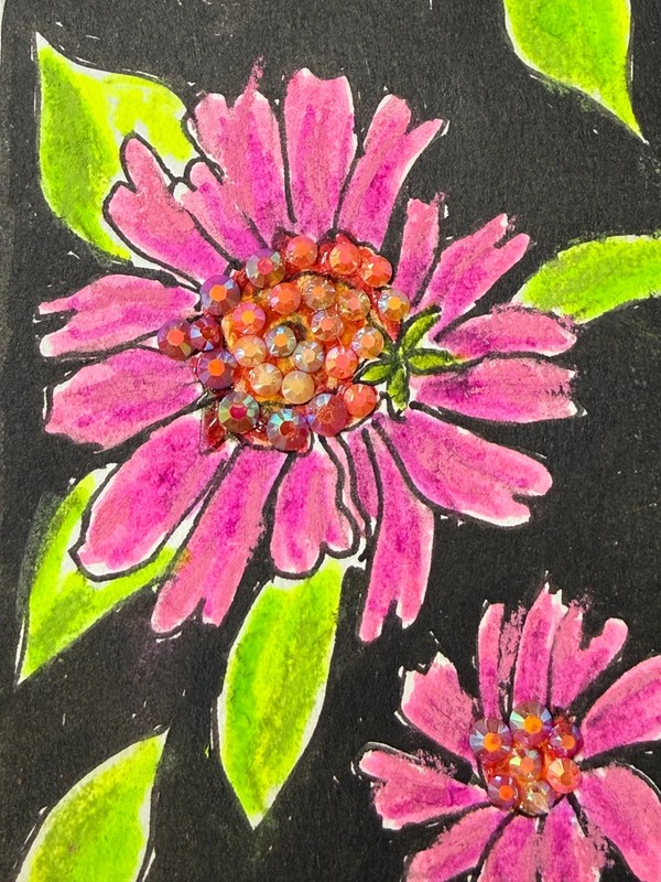 ACEO Original Art Card Neon Marker Painting Pink Floral with rhinestones