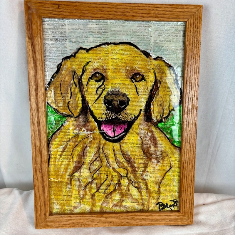Golden Retriever Dog Mixed Media Dictionary Page Art Signed Framed 11×14