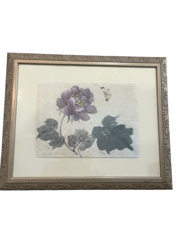 Vintage Framed Floral Watercolor Butterfly On Handmade Paper David Fin